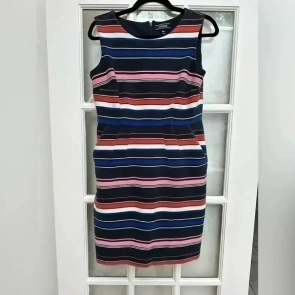Lands End Sleeveless Ponte Sheath Midi Dress Aurora Ribbed Stripe Size 10 Petite - Picture 3 of 11